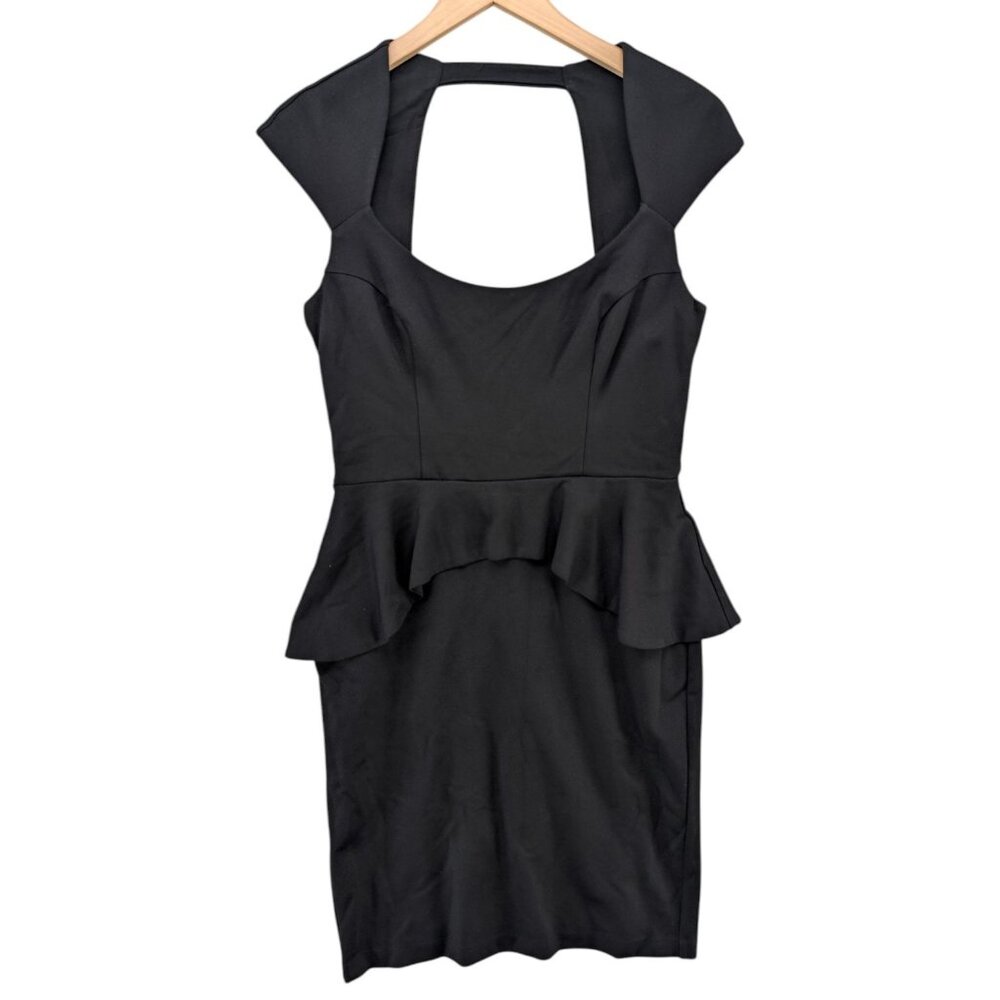 Bebe Peplum Bodycon Dress Black Cutout Back Cap Sleeve Cocktail Size M